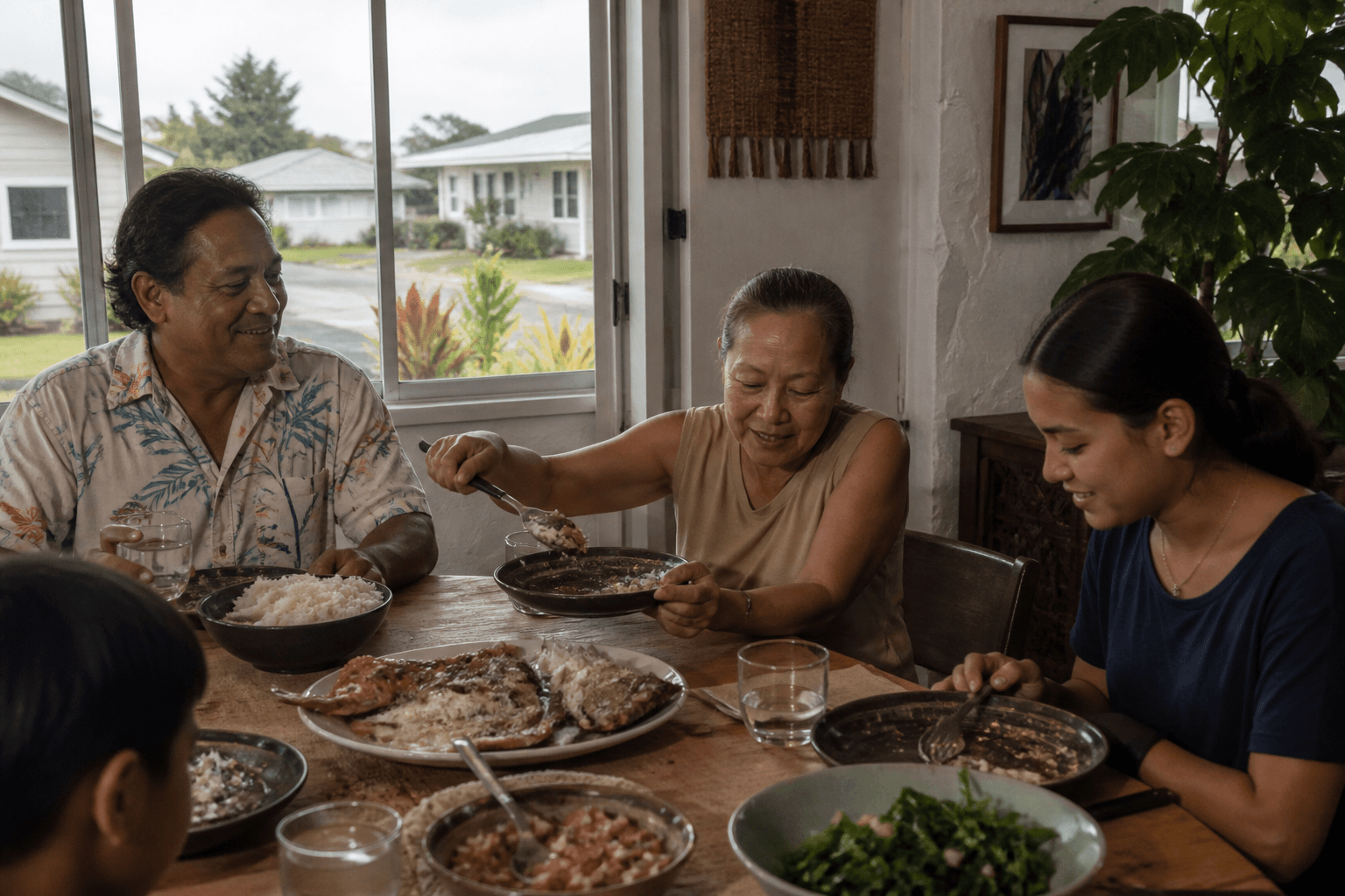 Midday lunch in an east-side Kapaʻa house — family-style fish, a residential street.