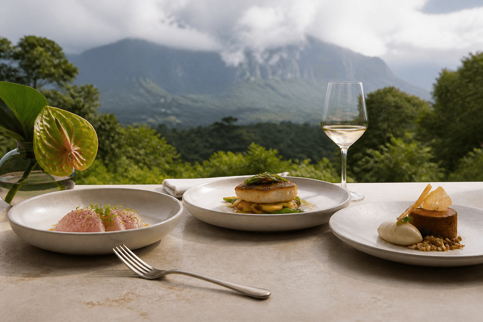 Three plated courses on a Princeville estate table — crudo, seared fish, dessert, misted mountains.