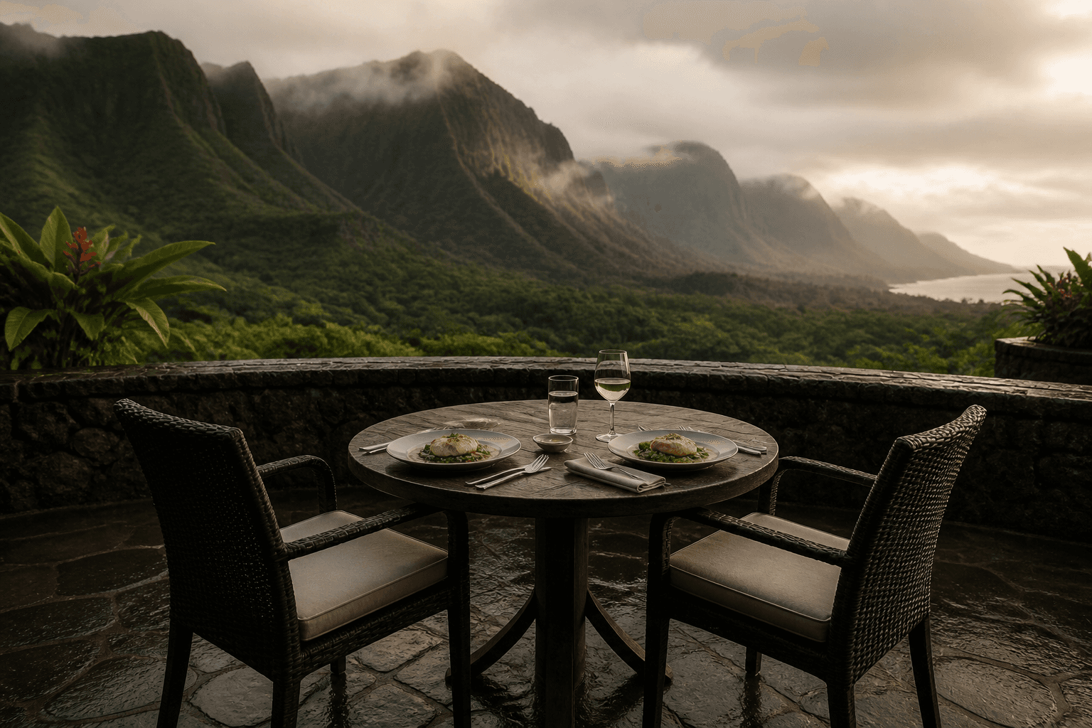 Two seats on a Princeville terrace — plated fish, misted fluted mountains.