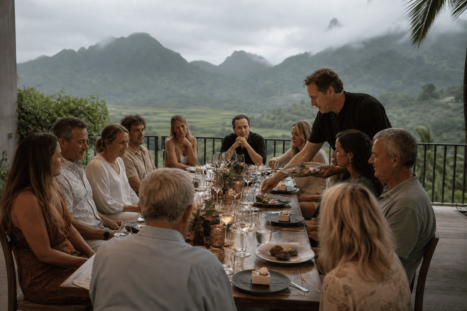 A Kauaʻi North Shore birthday terrace — plated dessert and fish, misted mountains.