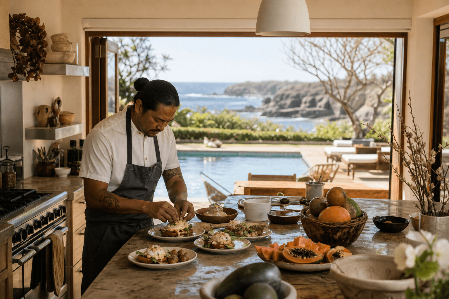Poʻipū estate brunch morning — breakfast plates, pool, pale cliffs.