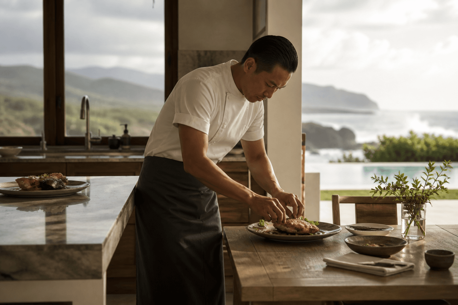 A Poʻipū kitchen offsite morning — breakfast fish, pale south-shore cliffs.