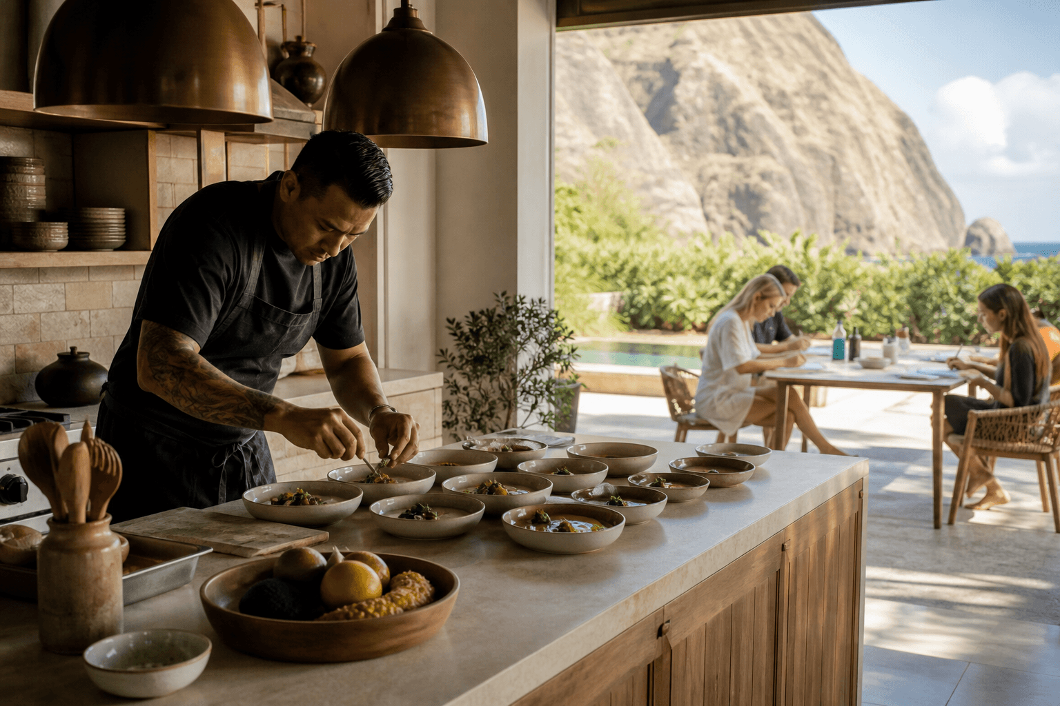 A Poʻipū retreat morning — breakfast plating, a small offsite table, pale cliffs.