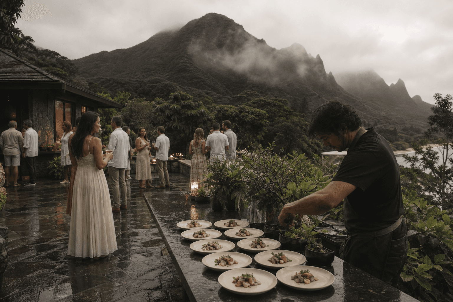 A Kauaʻi North Shore estate party on wet stone — plated fish, misted mountains.