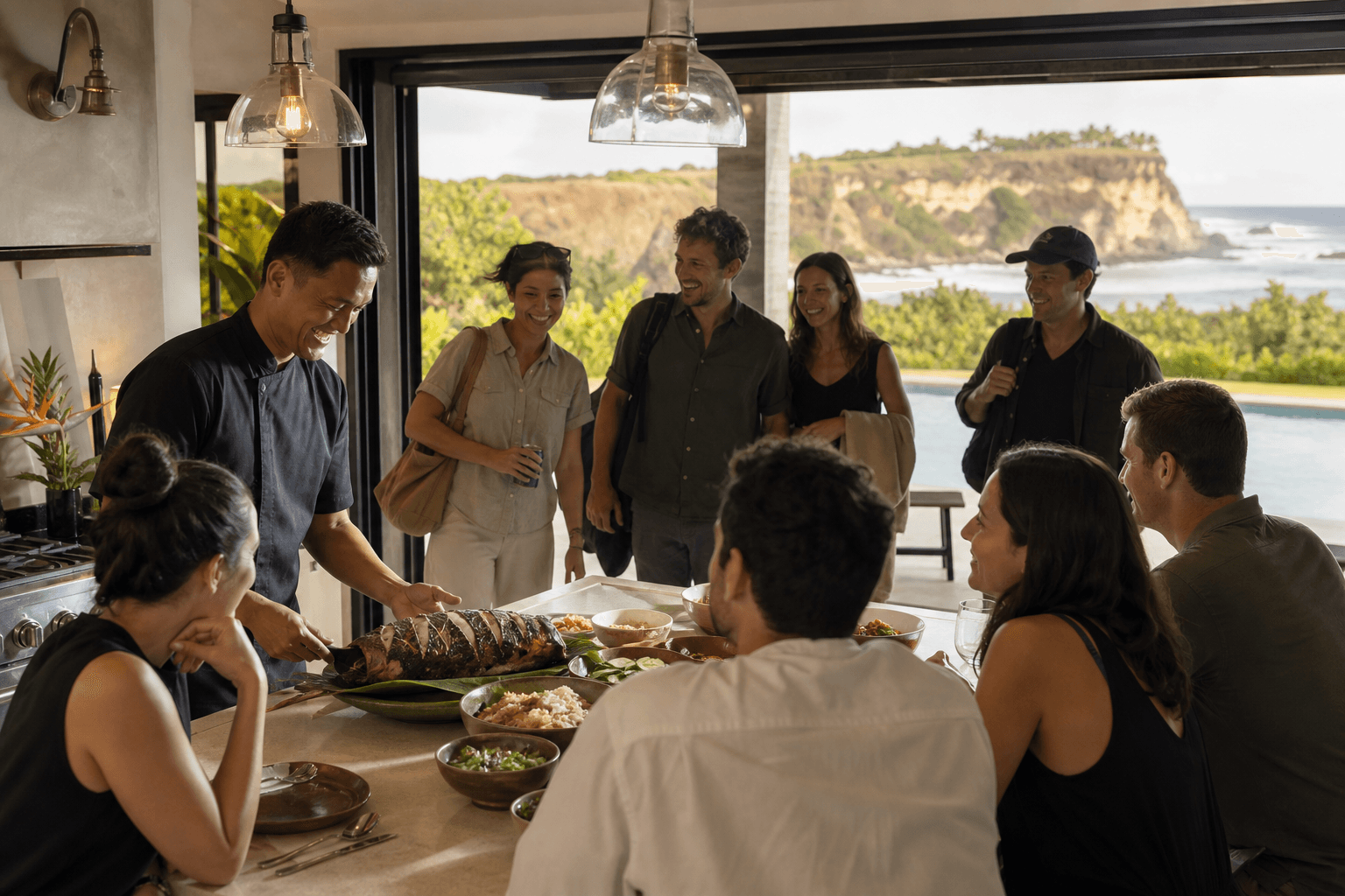 First-night family-style fish in a Poʻipū kitchen — pool and pale cliffs, guests arriving.