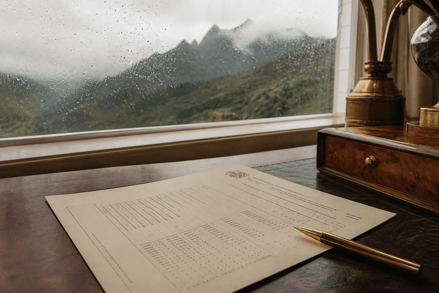 A printed Kauai rate card on a Princeville estate table — dinner bands, misted mountains.