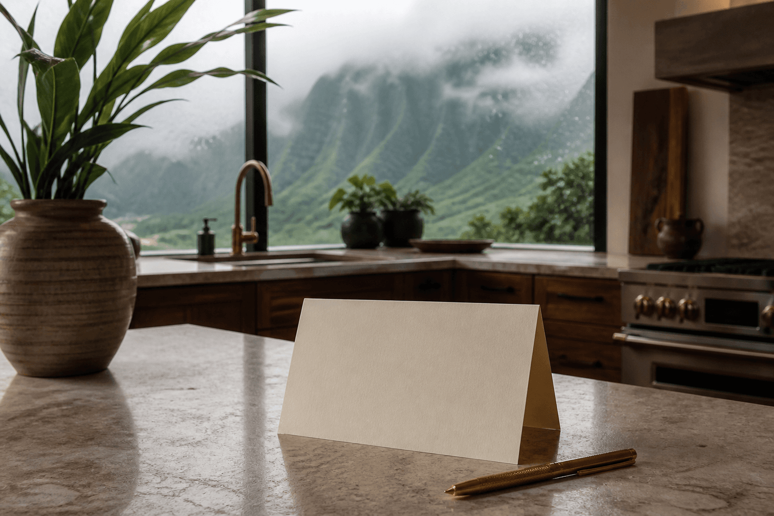 A Princeville kitchen counter with an inquiry card, wet glass, misted mountains.