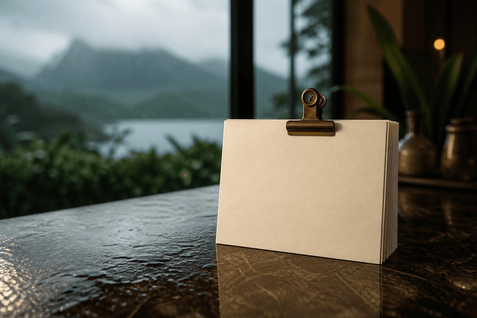 A stacked set of blank cream URL cards on a wet Princeville counter, brass clip, mountain mist.