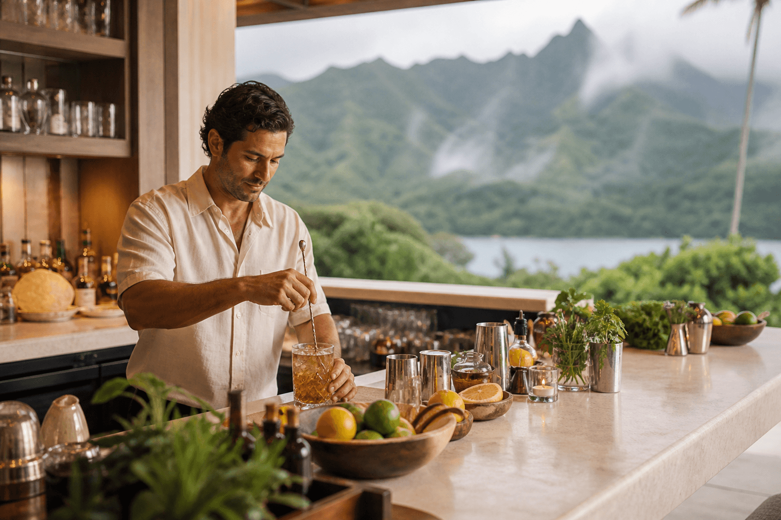 A bartender at a Princeville terrace counter, citrus, misted mountains.