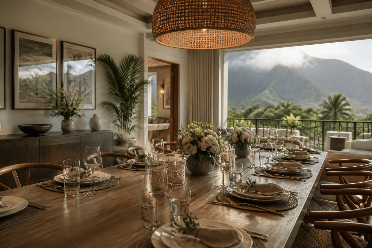 An empty Princeville dining table being set, misted mountains — butler service quoted when a bench exists.