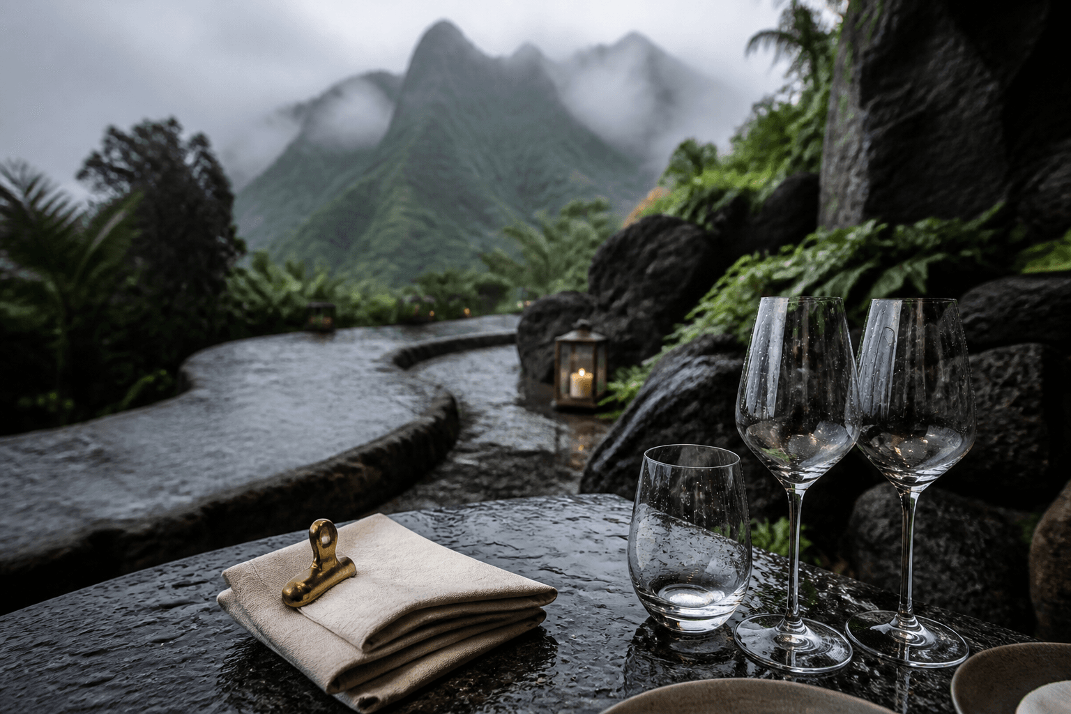 Unused empty glasses and sand linen on a wet Princeville stone pass, brass clip.