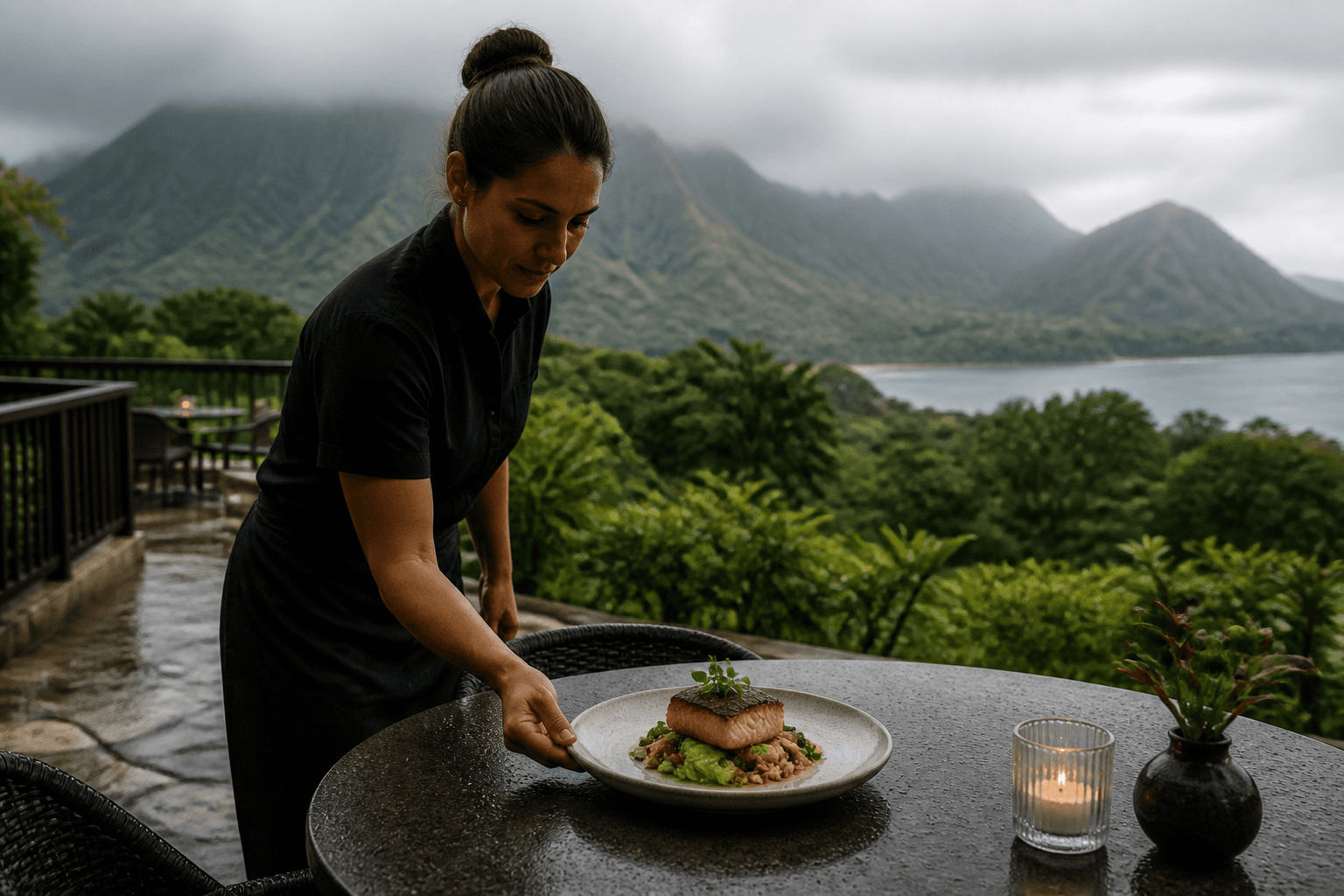 A server setting plated fish on a Princeville terrace, misted mountains.