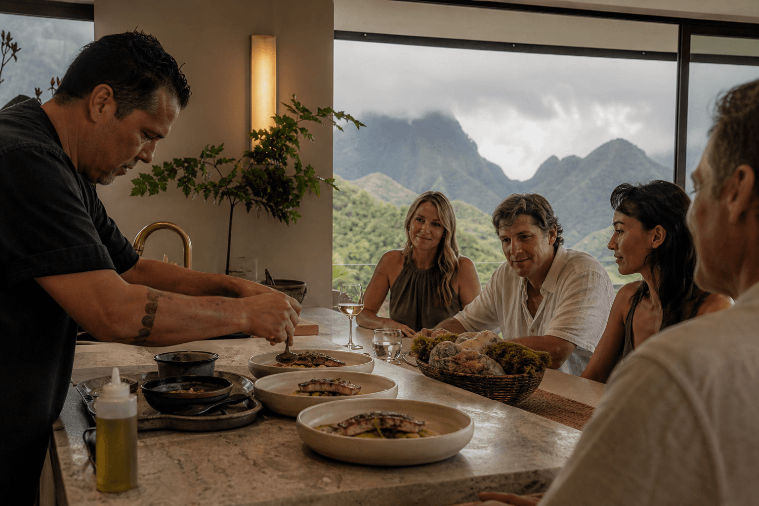 Guests at a Princeville kitchen counter, seared fish, misted mountains through the window.