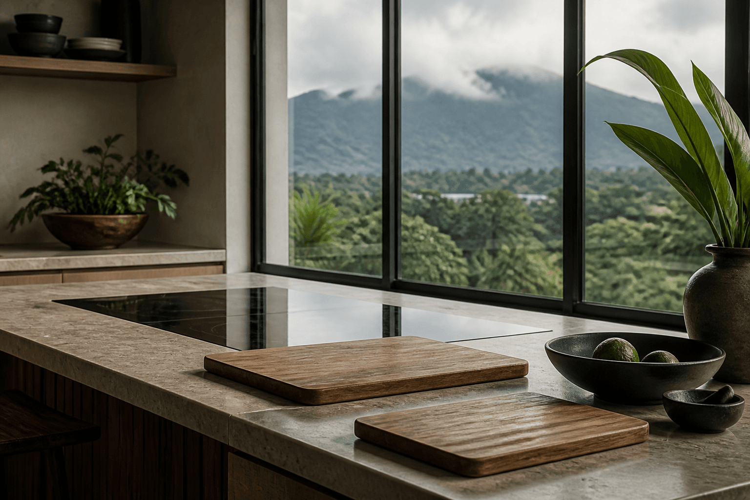 A quiet Princeville kitchen — unused boards, misted mountains, no class running.