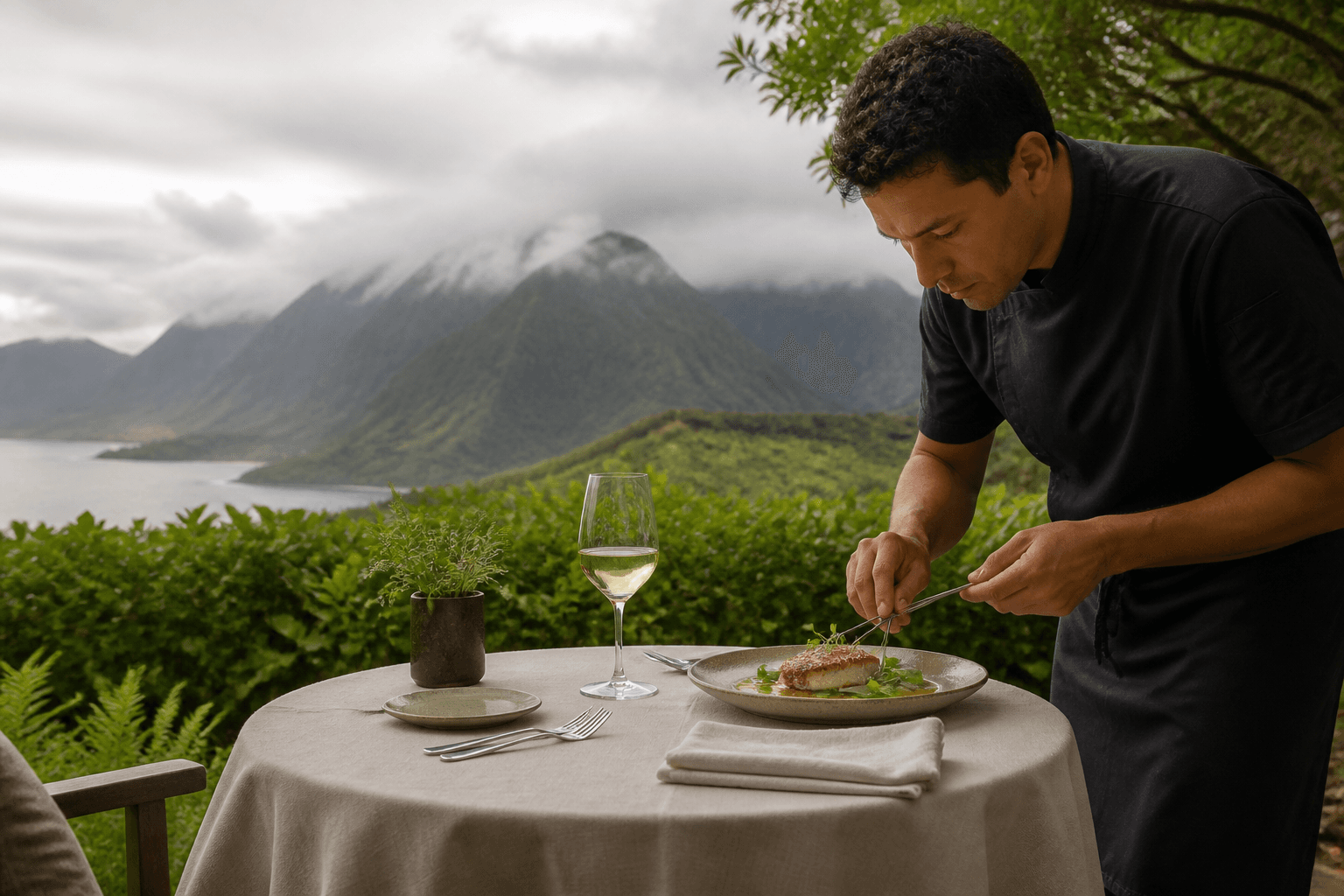 A small Princeville executive table — plated fish, misted mountains, inquiry-scale.