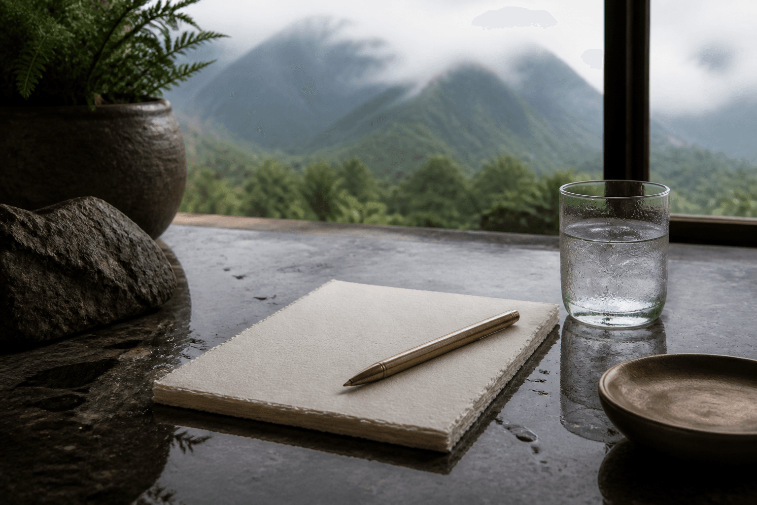 An itemised Kauai fee stack on cream paper on a Princeville counter, misted mountains.
