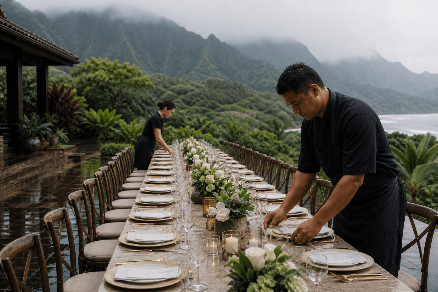 A Kauaʻi estate table on a wet North Shore terrace — inquiry-scale, misted mountains.