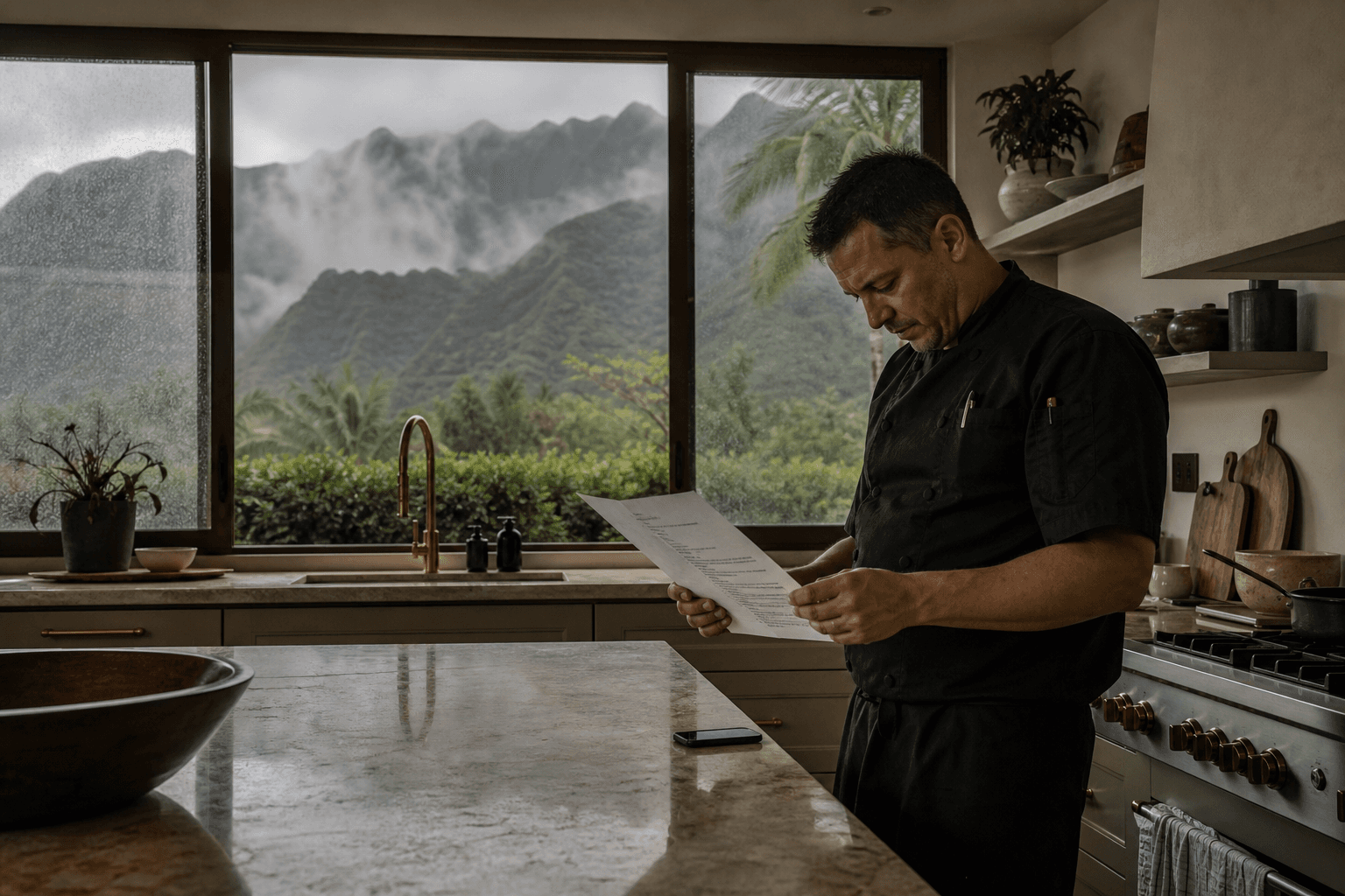 An empty Princeville kitchen in rain, misted mountains — inquiry, not a fake live roster.