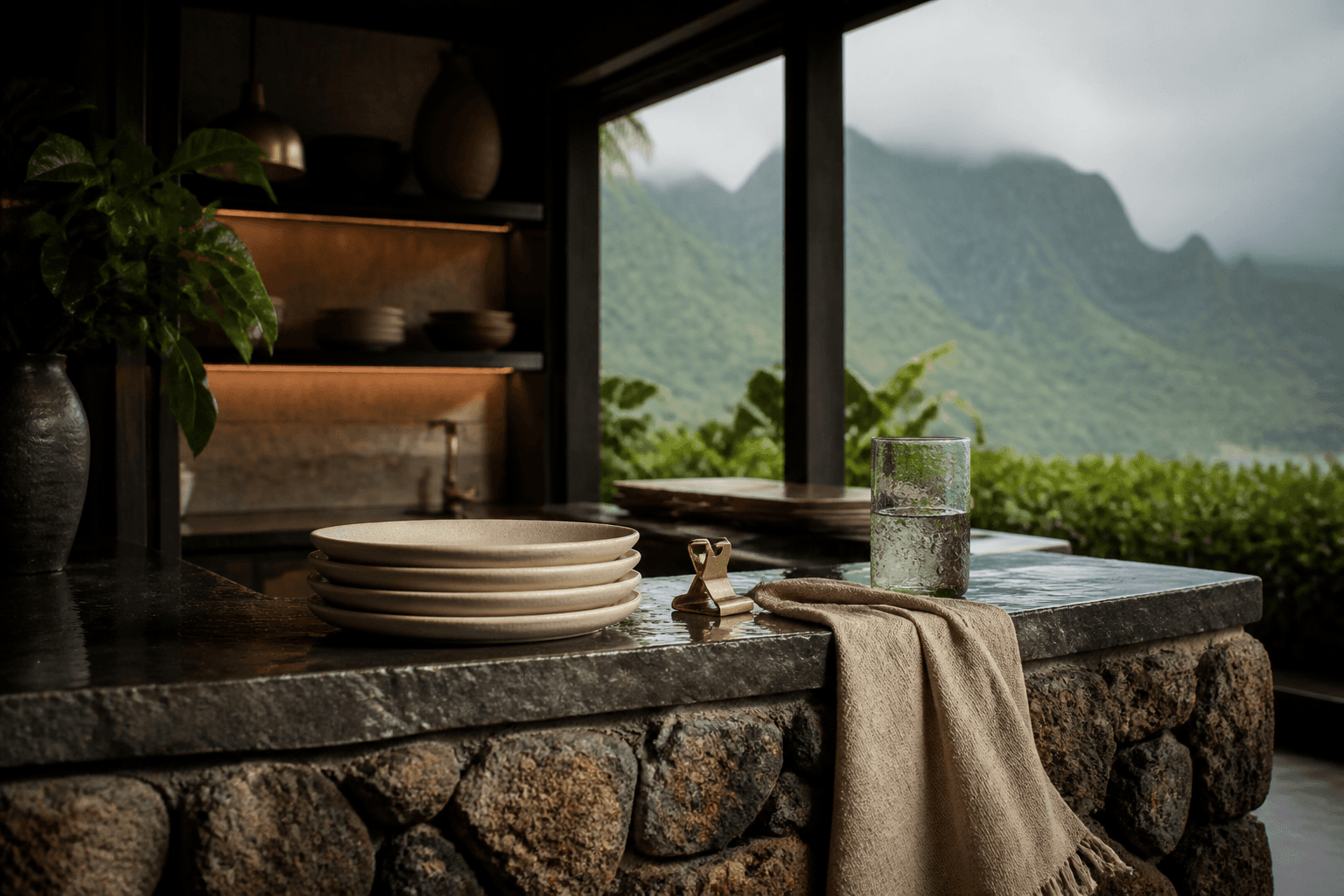 Four unused ivory plates stacked on a wet Princeville stone pass, brass clip, misted mountains.