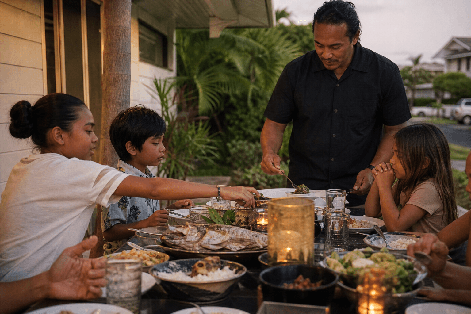 An east-side Kapaʻa family feast — kids’ plates beside adult fish, a residential street.