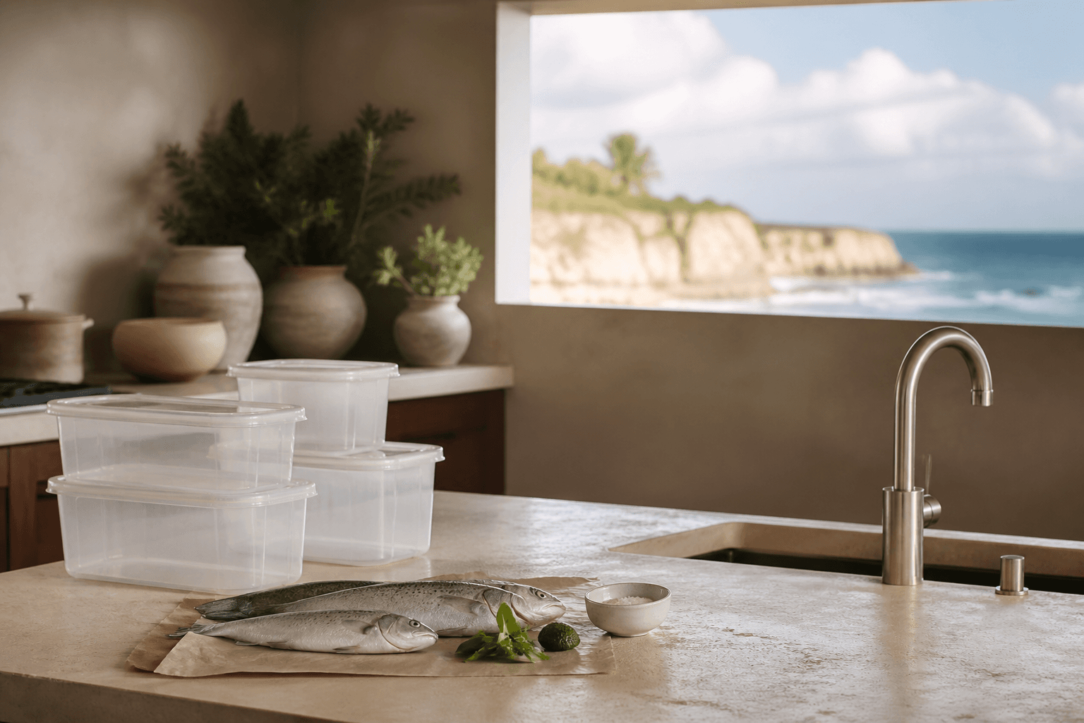 A quiet Poʻipū kitchen — unused prep containers, pale cliffs.