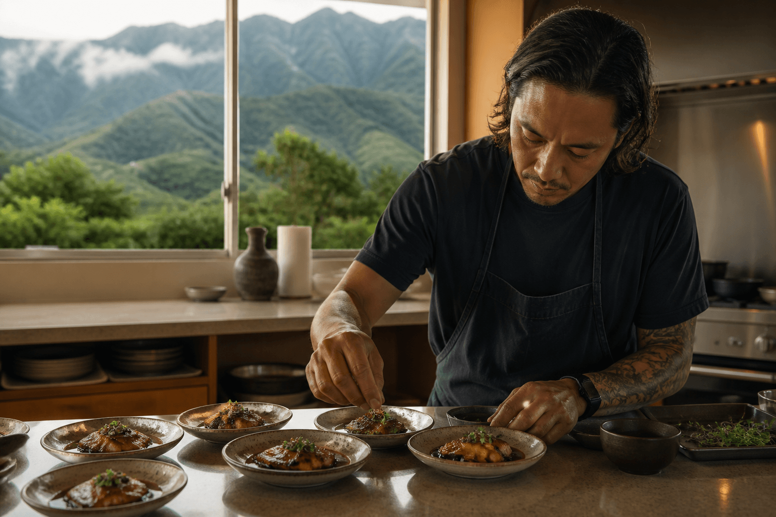Small tasting plates on a Princeville counter, seared fish, misted mountains.