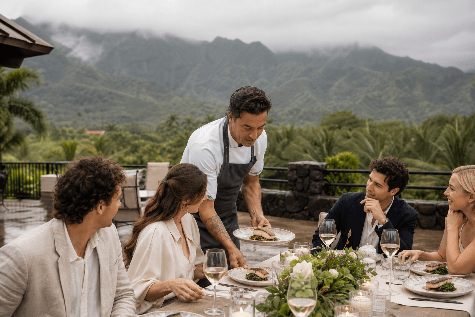 A Princeville estate rehearsal dinner — plated fish, misted mountains.