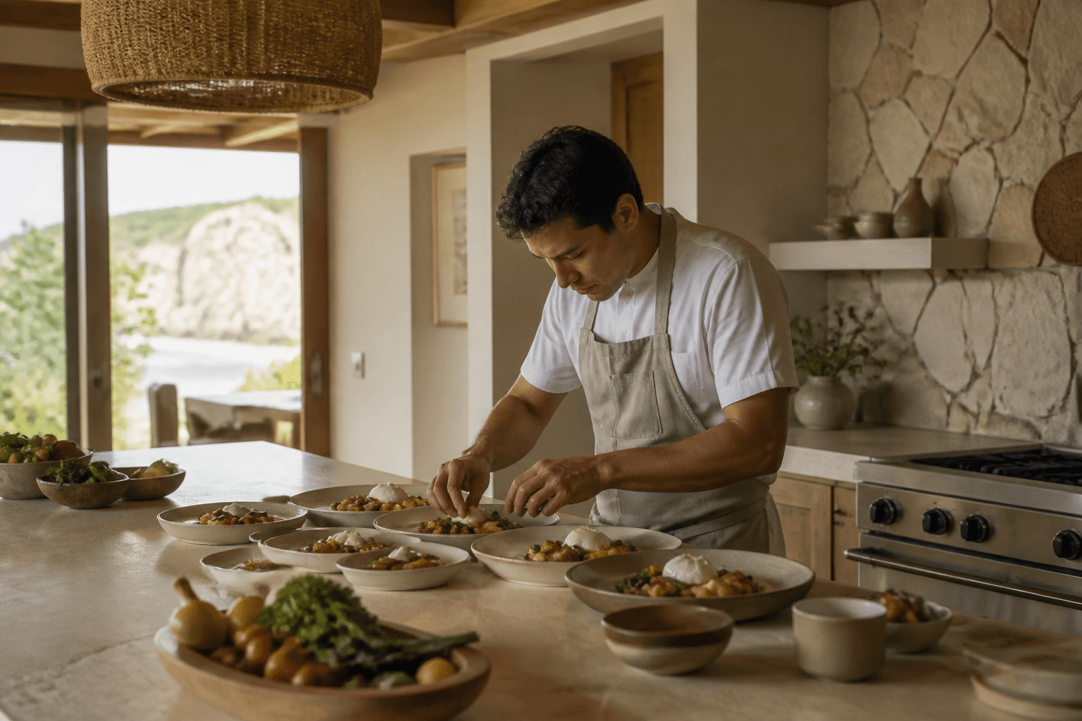 A Poʻipū full-board retreat kitchen — breakfast plating, pale cliffs.