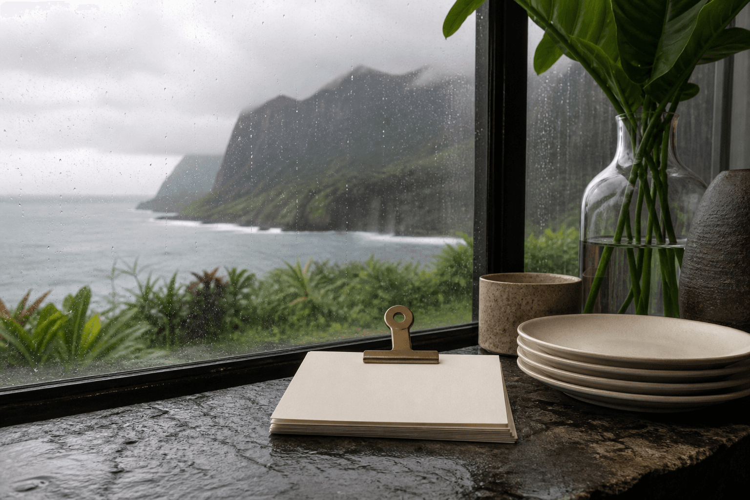 Blank cream ledger cards and a brass clip on a wet Princeville stone counter, unused ivory plates, mountain rain.