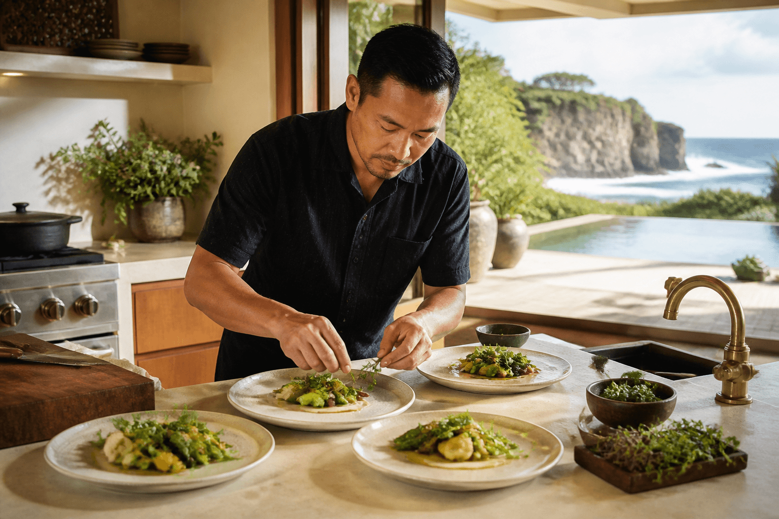 A Poʻipū kitchen plating a vegetable course, pool and pale cliffs beyond.