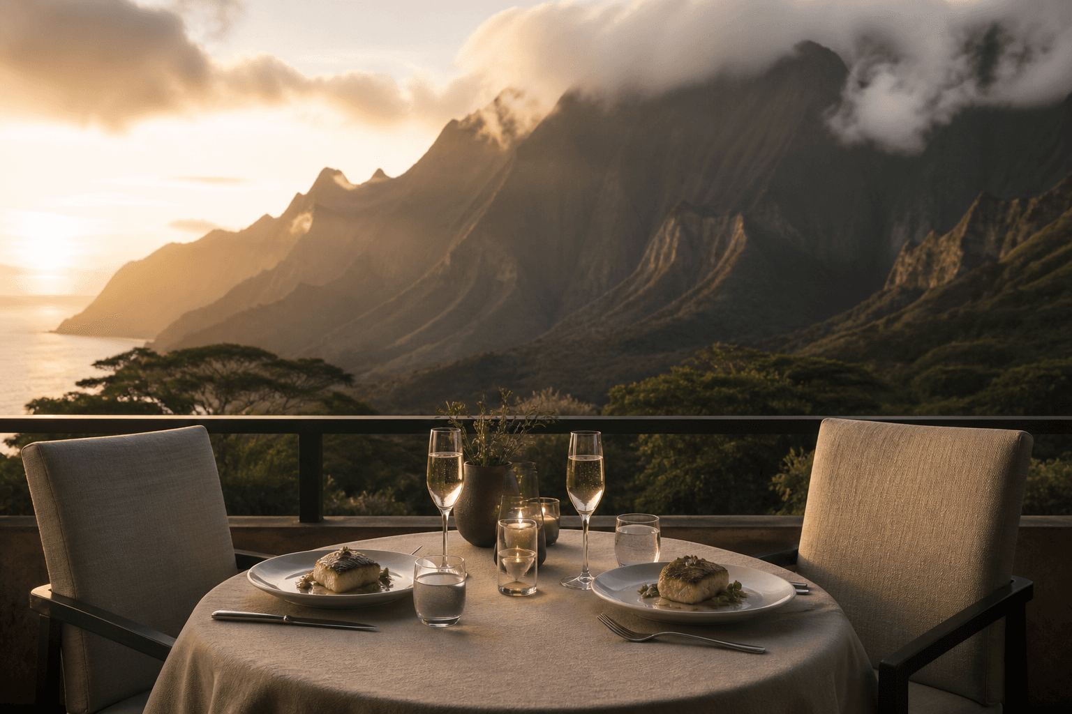 Two seats on a Princeville terrace at golden hour — plated fish, misted mountains.