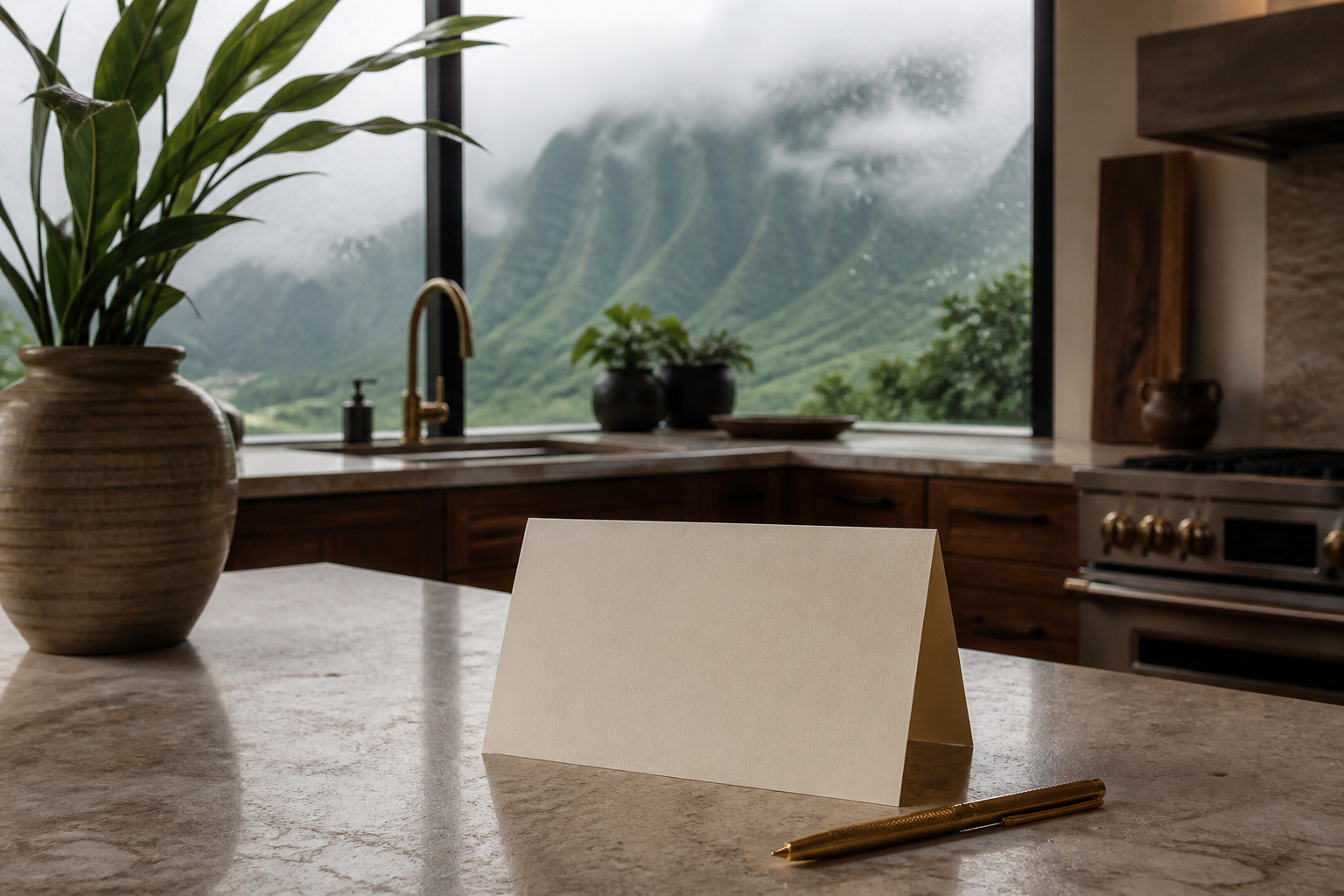 A Princeville kitchen counter with an inquiry card, wet glass, misted mountains.